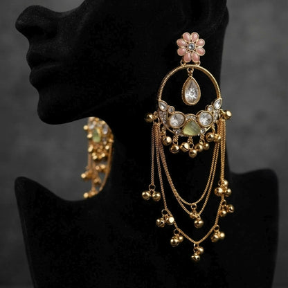 Light Pink & Green Color Long Kashmiri Earrings with Elegant Floral Patterns and Ethnic Charm