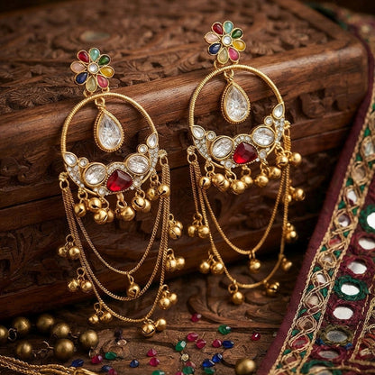 Multi Color Long Kashmiri Earrings with Vibrant Traditional Detailing and Stylish Ethnic Jewellery Appeal