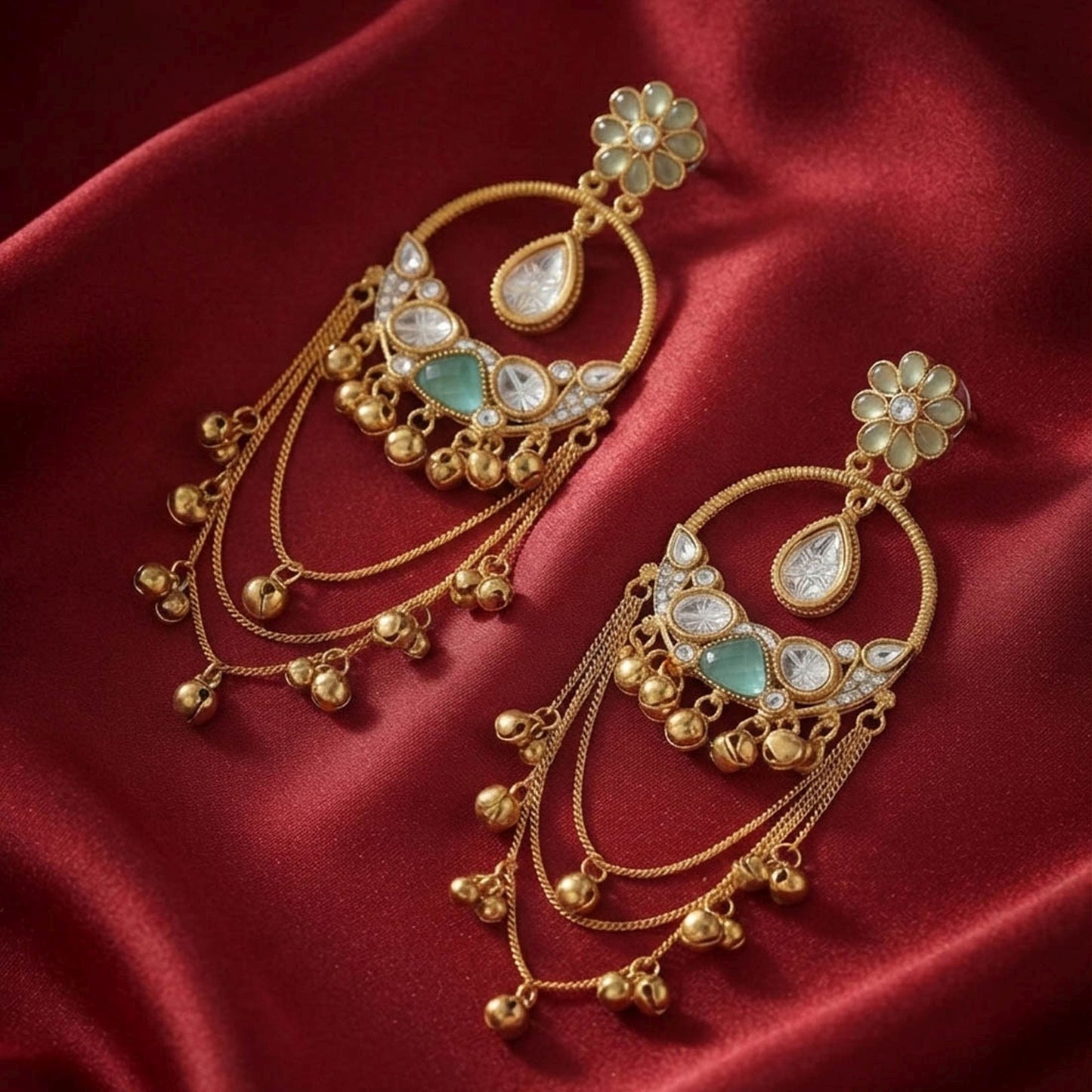 Rama Green Color Long Kashmiri Earrings with Elegant Floral Detailing and Traditional Ethnic Appeal