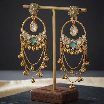 Rama Green Color Long Kashmiri Earrings with Elegant Floral Detailing and Traditional Ethnic Appeal