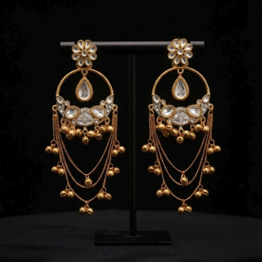 White Color Long Kashmiri Earrings with Classic Traditional Patterns and Elegant Ethnic Jewellery Charm