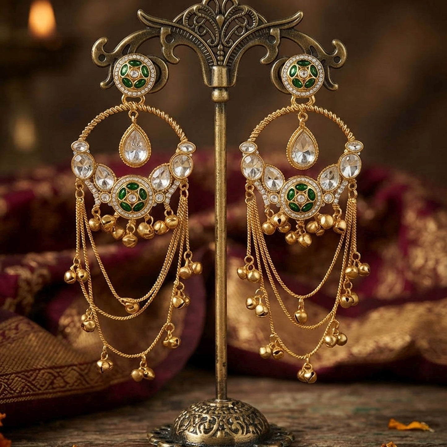 Green Color Long Kashmiri Earrings with Beautiful Stone Detailing and Traditional Kashmiri Ethnic Appeal
