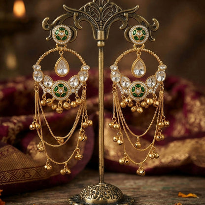 Green Color Long Kashmiri Earrings with Beautiful Stone Detailing and Traditional Kashmiri Ethnic Appeal