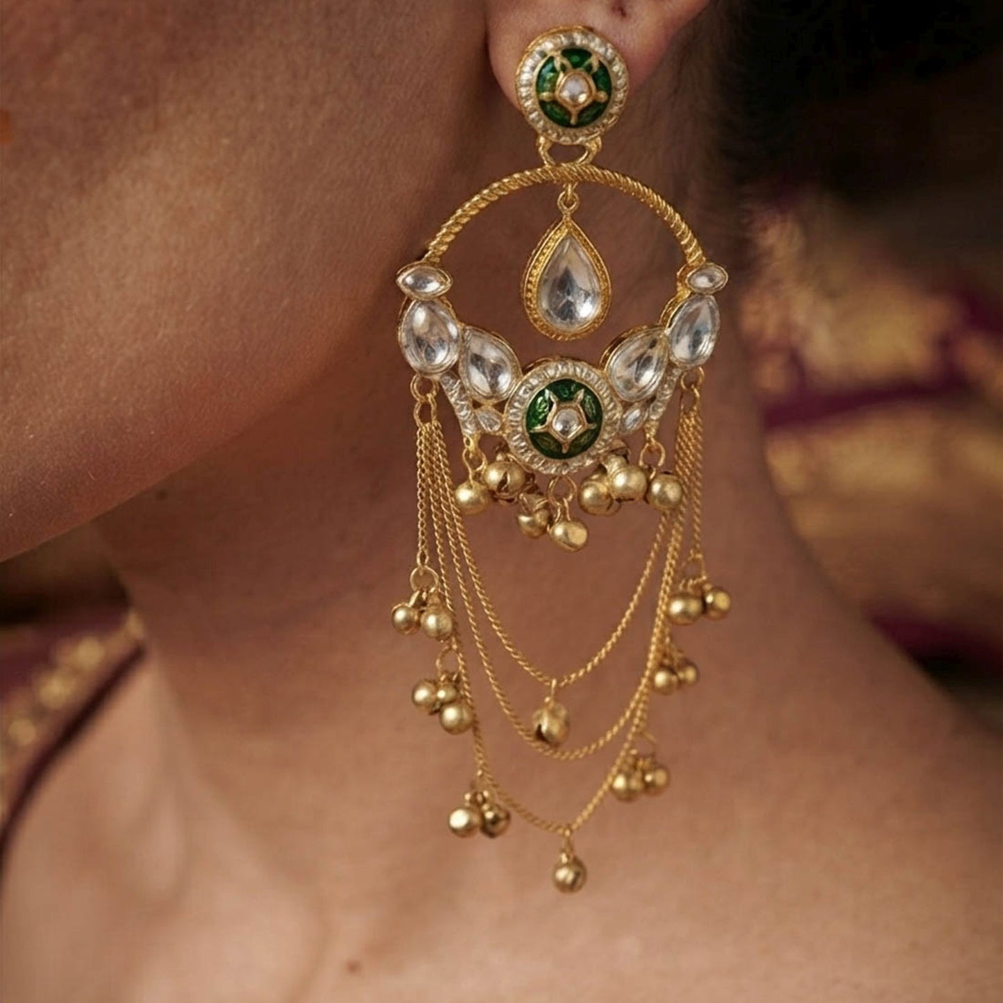 Green Color Long Kashmiri Earrings with Beautiful Stone Detailing and Traditional Kashmiri Ethnic Appeal