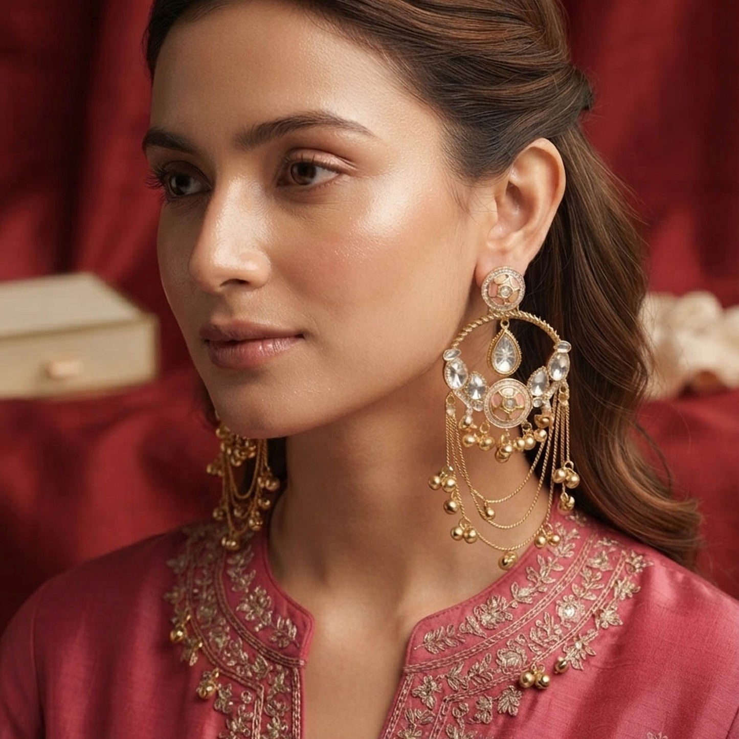 Light Pink Color Long Kashmiri Earrings with Elegant Floral Work and Graceful Traditional Appeal