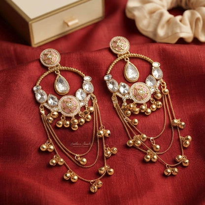 Light Pink Color Long Kashmiri Earrings with Elegant Floral Work and Graceful Traditional Appeal