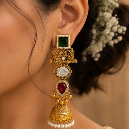 Red & Green Color Kashmiri Jhumka with Beautiful Traditional Detailing and Elegant Ethnic Appeal