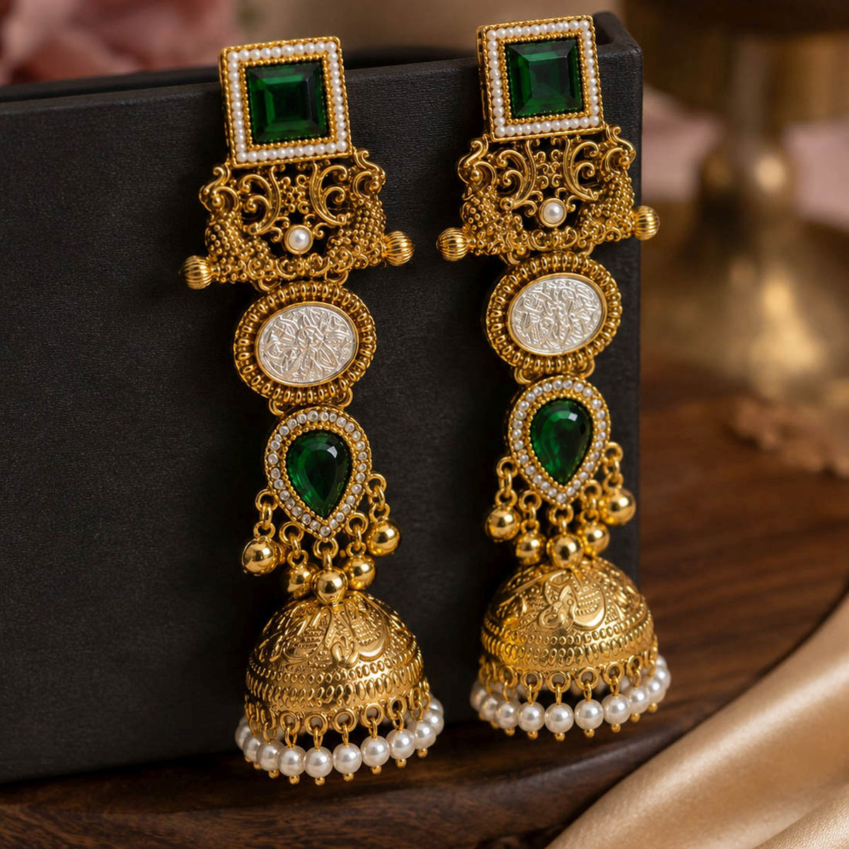 Green Color Kashmiri Jhumka with Intricate Floral Patterns and Graceful Traditional Ethnic Jewellery Charm