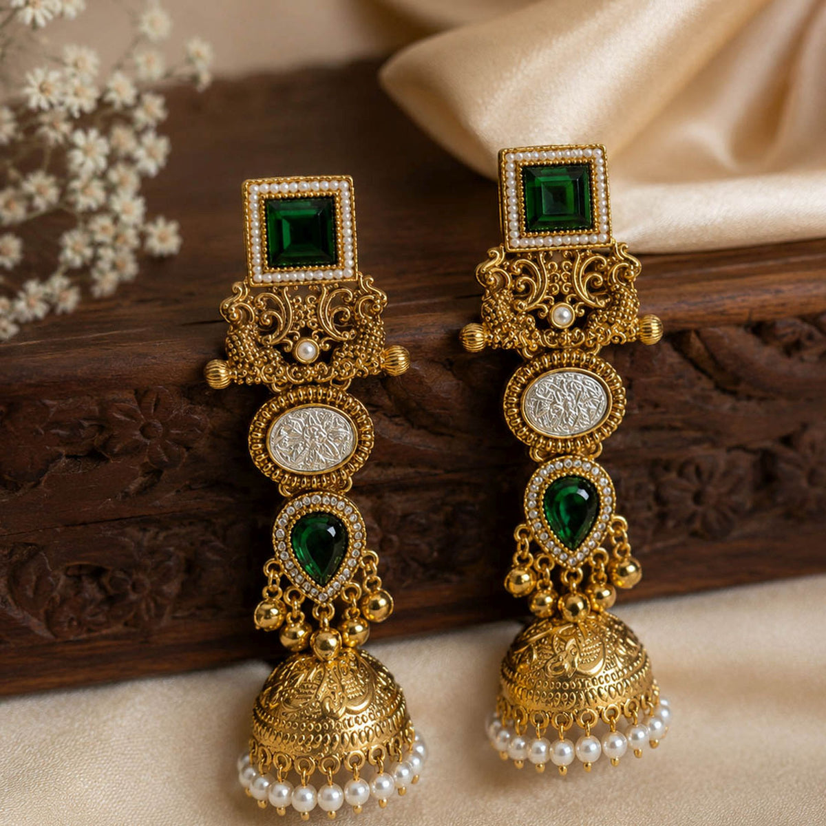 Green Color Kashmiri Jhumka with Intricate Floral Patterns and Graceful Traditional Ethnic Jewellery Charm