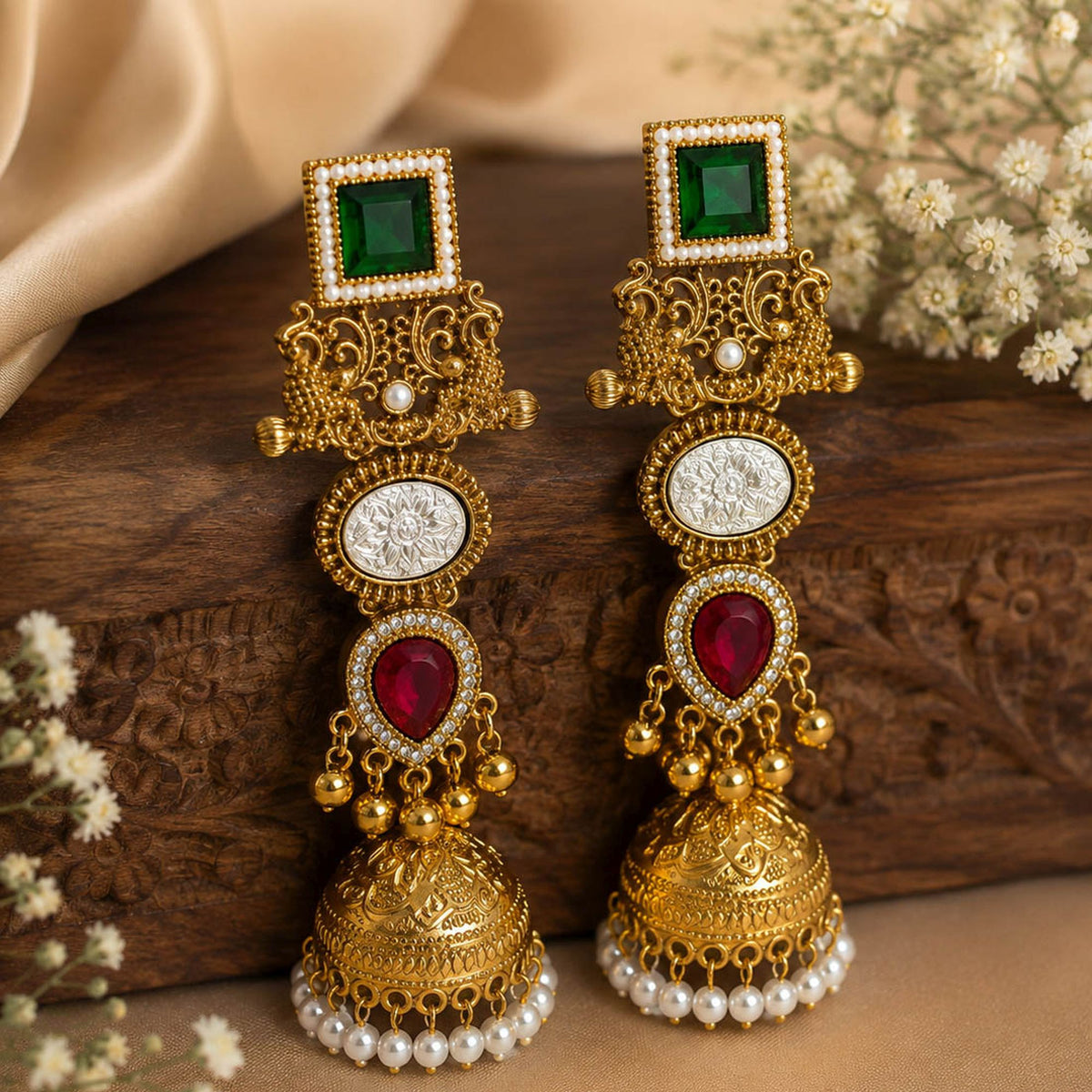 Red & Green Color Kashmiri Jhumka with Beautiful Traditional Detailing and Elegant Ethnic Appeal