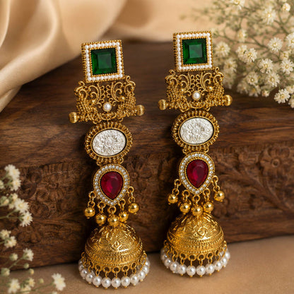 Red & Green Color Kashmiri Jhumka with Beautiful Traditional Detailing and Elegant Ethnic Appeal