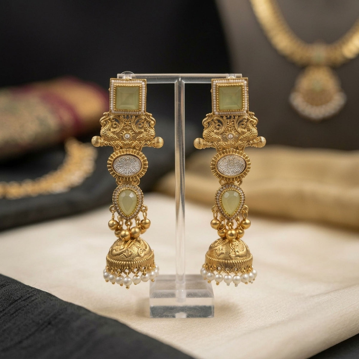 Light Green Color Kashmiri Jhumka with Elegant Traditional Detailing and Beautiful Ethnic Jewellery Appeal