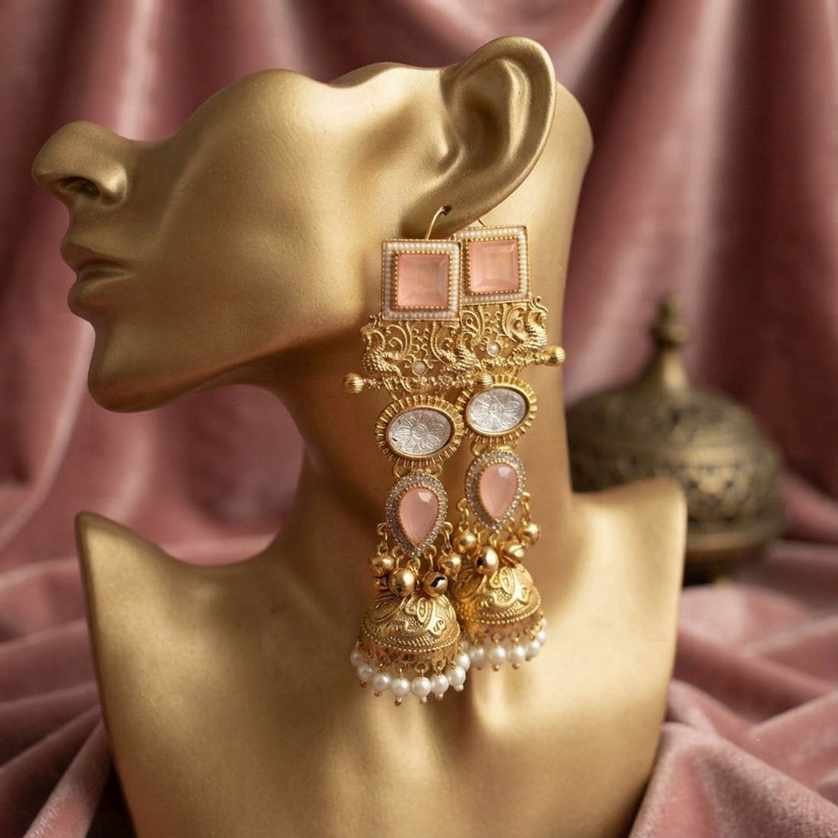 Light Pink Color Kashmiri Jhumka with Graceful Floral Patterns and Stylish Traditional Ethnic Charm