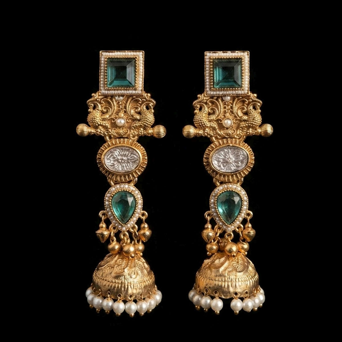 Rama Green Color Kashmiri Jhumka with Royal Traditional Patterns and Elegant Ethnic Jewellery Appeal