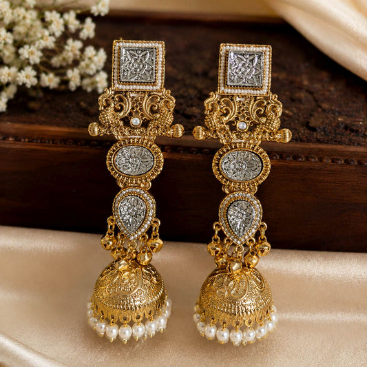 White Color Kashmiri Jhumka with Classic Floral Detailing and Beautiful Traditional Ethnic Jewellery Charm