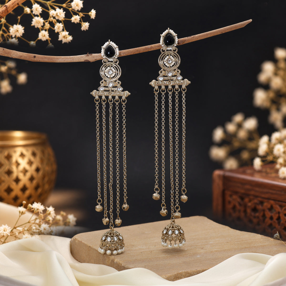 Classy Midnight Black Color Long Kashmiri Earrings Tailored For Evening Party Outfits