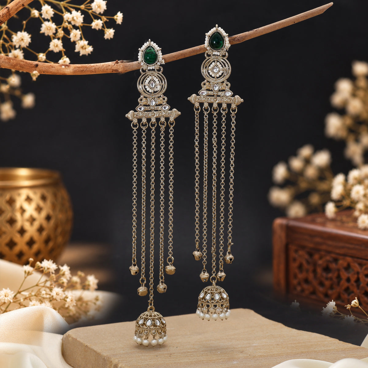 Lush Forest Green Color Long Kashmiri Earrings Perfect For Traditional Ethnic Sarees