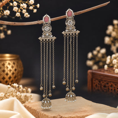 Delicate Soft Light Pink Color Long Kashmiri Earrings Designed For Sangeet Night Parties