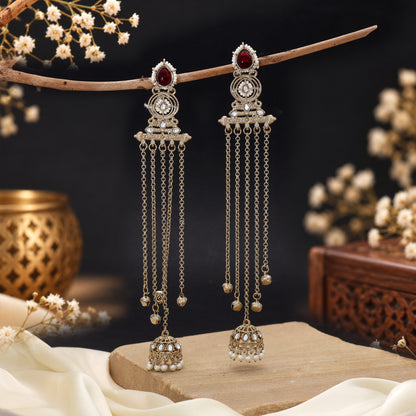 Rich Deep Maroon Color Long Kashmiri Earrings Designed For Traditional Festive Wearing