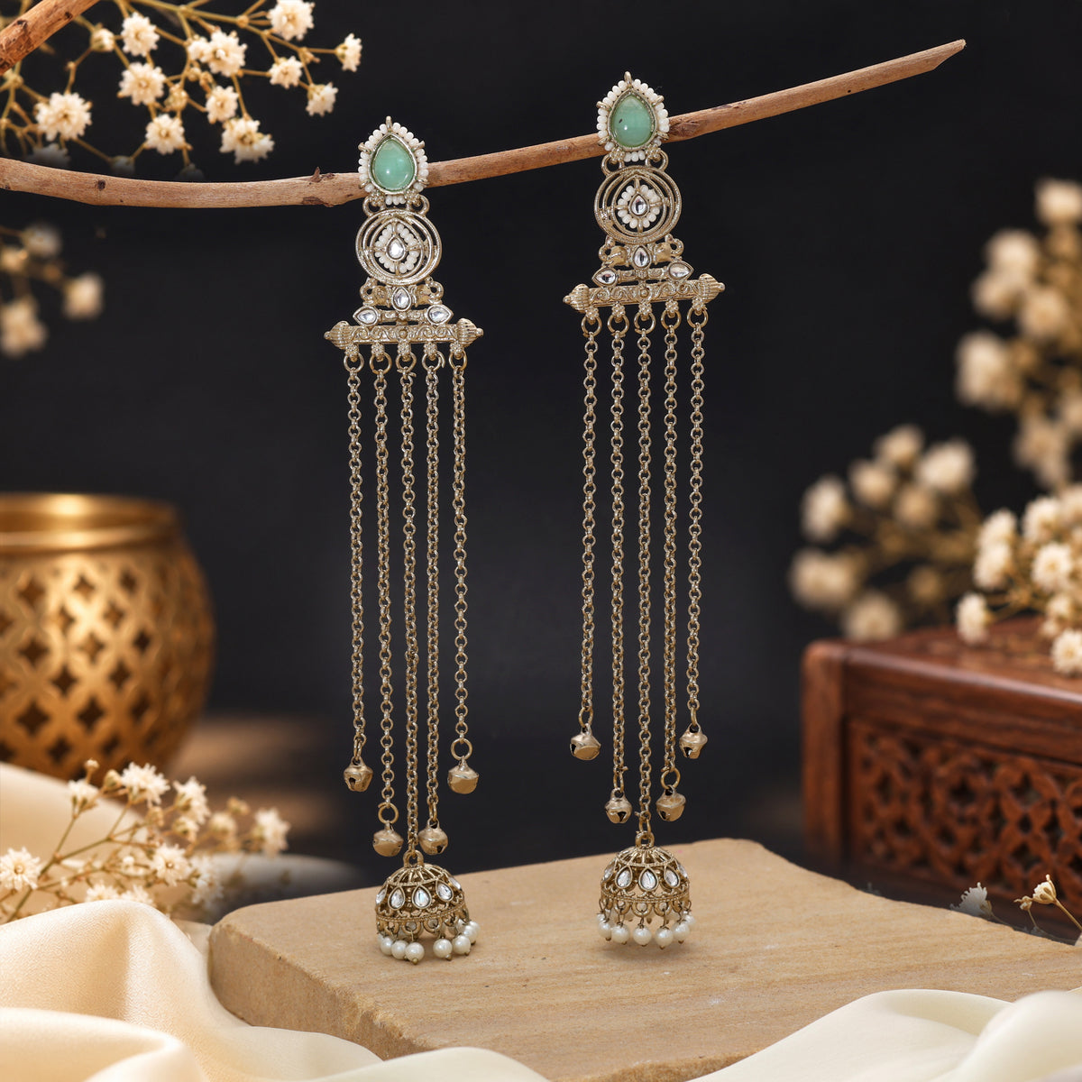Refreshing Pastel Pista Green Color Long Kashmiri Earrings Styled For Daytime Celebrations