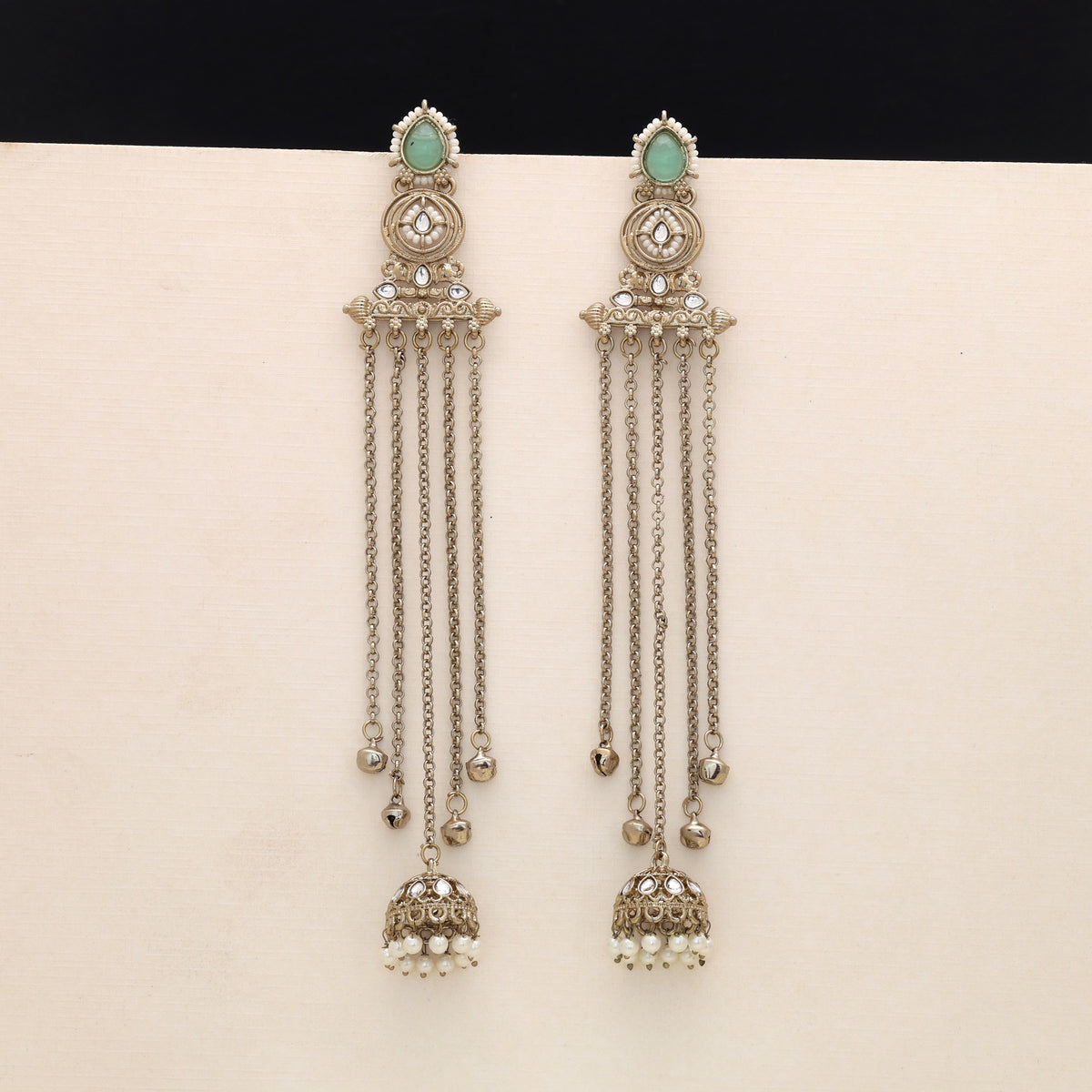 Refreshing Pastel Pista Green Color Long Kashmiri Earrings Styled For Daytime Celebrations