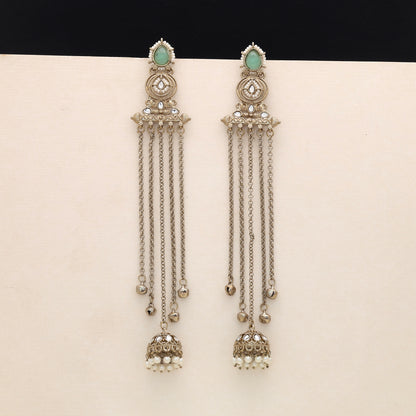 Refreshing Pastel Pista Green Color Long Kashmiri Earrings Styled For Daytime Celebrations