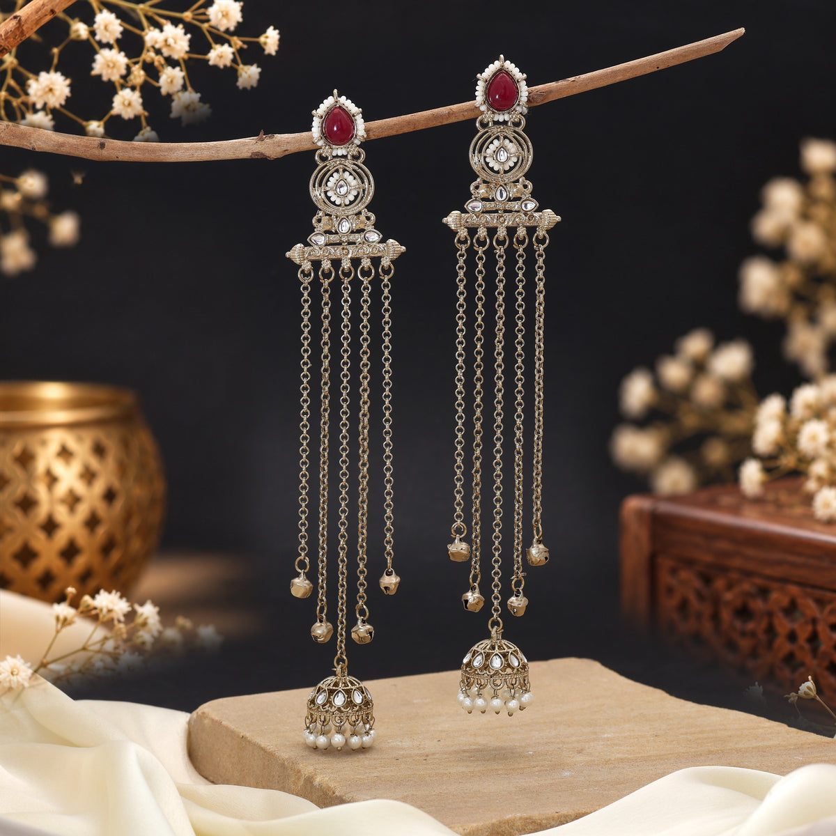 Charming Blush Pink Color Long Kashmiri Earrings Created For Elegant Wedding Guest Wear