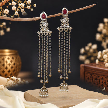 Charming Blush Pink Color Long Kashmiri Earrings Created For Elegant Wedding Guest Wear
