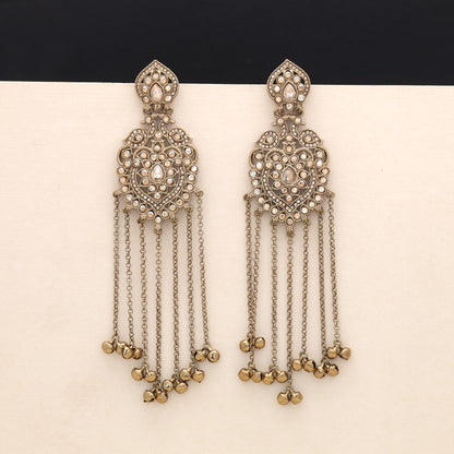 Opulent Sheen Gold Color Long Kashmiri Earrings Specially Designed For Wedding Ceremonies