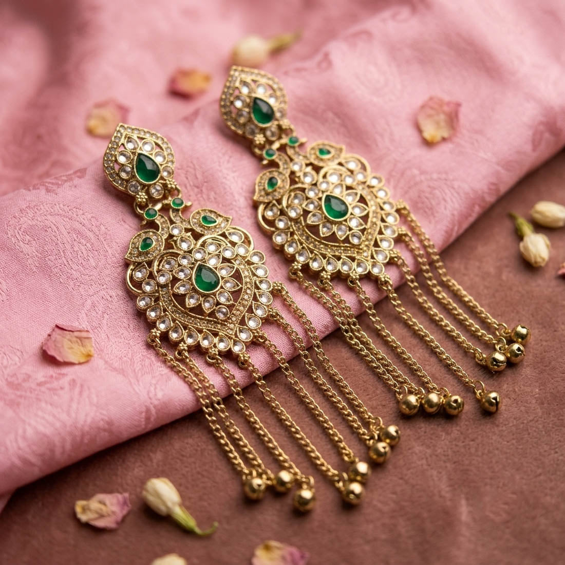 Royal Emerald Green Color Long Kashmiri Earrings Styled Specially For Saree Pairing