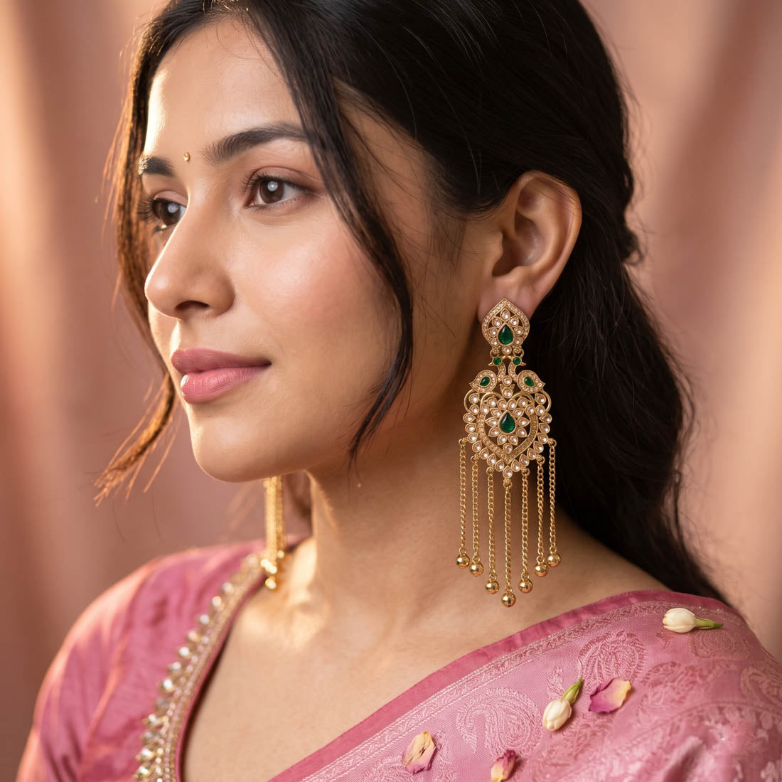 Royal Emerald Green Color Long Kashmiri Earrings Styled Specially For Saree Pairing