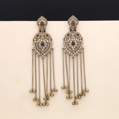 Modern Charcoal Grey Color Long Kashmiri Earrings Designed For Fusion Fashion Wear