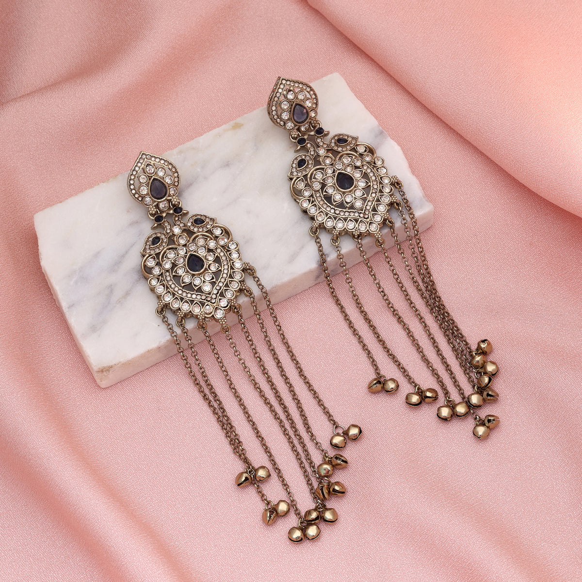 Modern Charcoal Grey Color Long Kashmiri Earrings Designed For Fusion Fashion Wear
