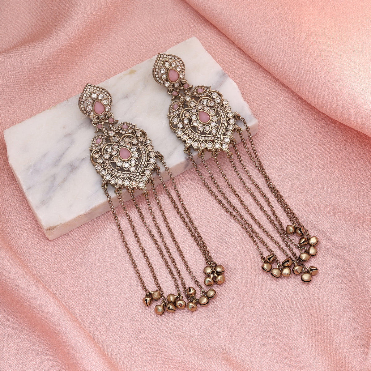 Pretty Rose Light Pink Color Long Kashmiri Earrings Ideal For Minimalist Traditional Style