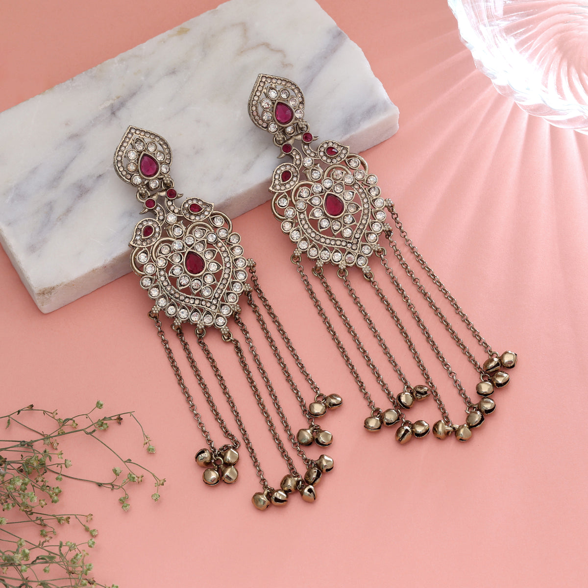 Lovely Rose Pink Color Long Kashmiri Earrings Created For Special Occasion Function Outfits