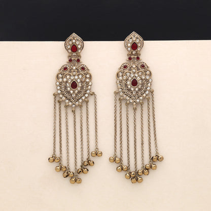 Classic Crimson Red Color Long Kashmiri Earrings Specially Crafted For Festive Outfits