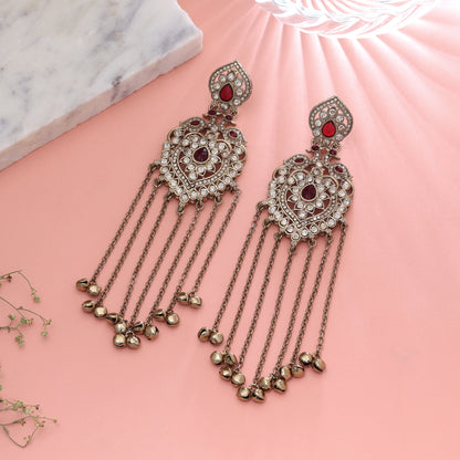 Classic Crimson Red Color Long Kashmiri Earrings Specially Crafted For Festive Outfits