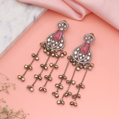 Charming Hot Pink Color Long Kashmiri Earrings Ideal For Festive Party Wear