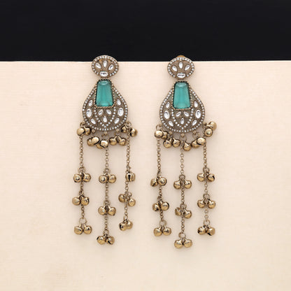 Teal Rama Green Color Long Kashmiri Earrings Perfect For Modern Saree Function Wear