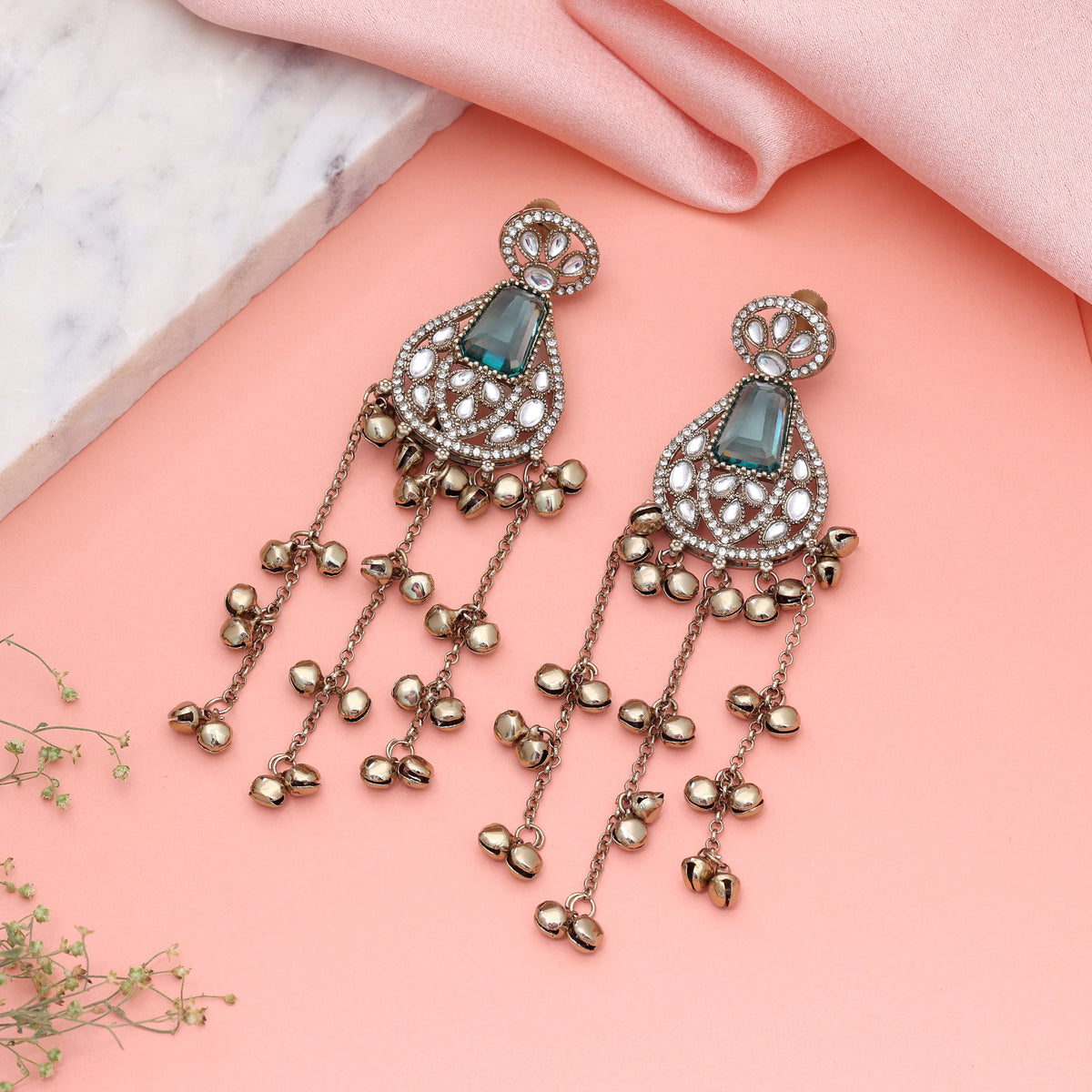 Teal Rama Green Color Long Kashmiri Earrings Perfect For Modern Saree Function Wear