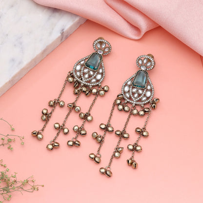 Teal Rama Green Color Long Kashmiri Earrings Perfect For Modern Saree Function Wear