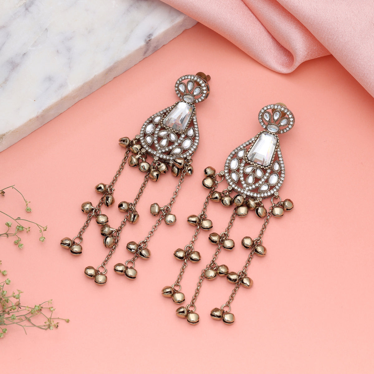Pristine Crystal White Color Long Kashmiri Earrings Tailored For Elegant Evening Wear