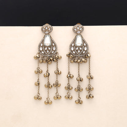 Pristine Crystal White Color Long Kashmiri Earrings Tailored For Elegant Evening Wear
