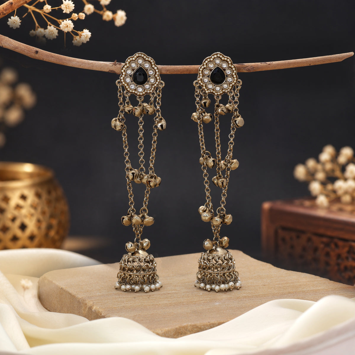 Sleek Charcoal Black Color Long Kashmiri Earrings Specially Tailored For Party Outfits