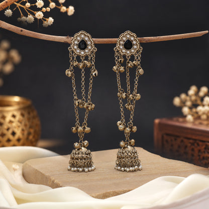 Sleek Charcoal Black Color Long Kashmiri Earrings Specially Tailored For Party Outfits