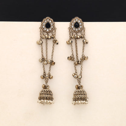 Sleek Charcoal Black Color Long Kashmiri Earrings Specially Tailored For Party Outfits