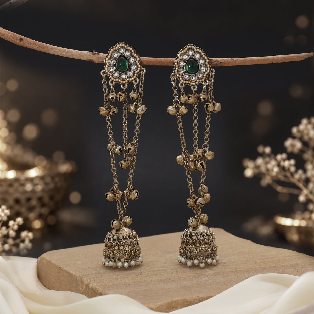 Lush Dark Green Color Long Kashmiri Earrings Perfect For Traditional Suit Sets