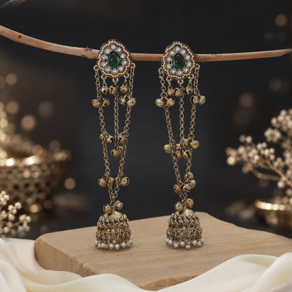 Lush Dark Green Color Long Kashmiri Earrings Perfect For Traditional Suit Sets