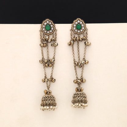 Lush Dark Green Color Long Kashmiri Earrings Perfect For Traditional Suit Sets