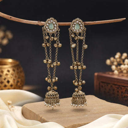 Soothing Pastel Light Green Color Long Kashmiri Earrings Designed For Spring Events
